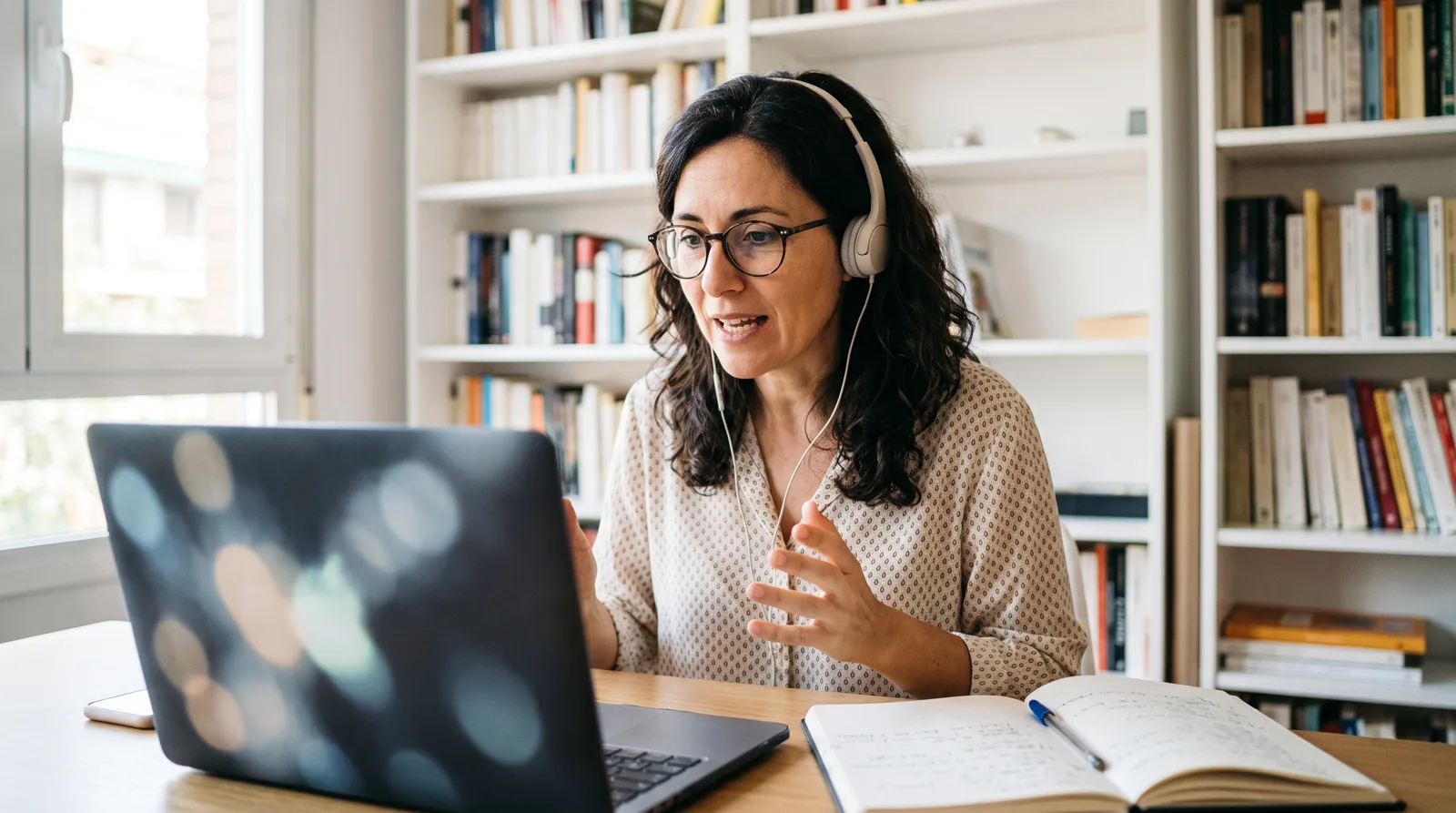 Una emprendedora atiende una videollamada con auriculares
